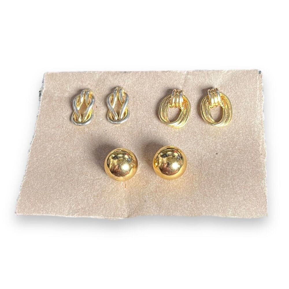 3 Pairs Vintage Signed Gold Tone Round Drop Fashion Earrings, Premium Design